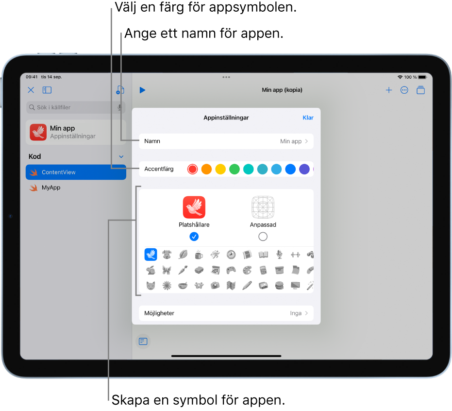 Fönstret Appinställningar som visar namnet på appen, färger och bildmaterial som kan användas till att skapa en appsymbol.