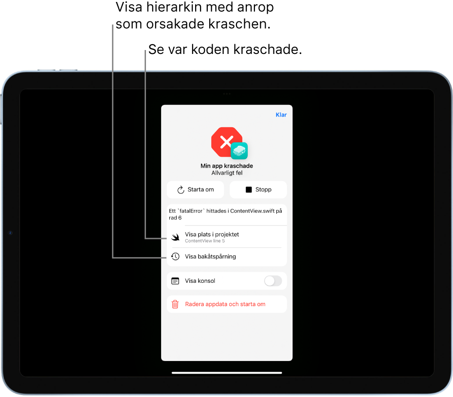 En skärm visar en kraschpanel med information om en bugg i appkoden.