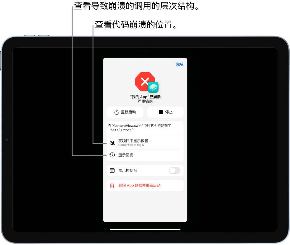 屏幕显示崩溃面板，提供了 App 代码中的错误信息。