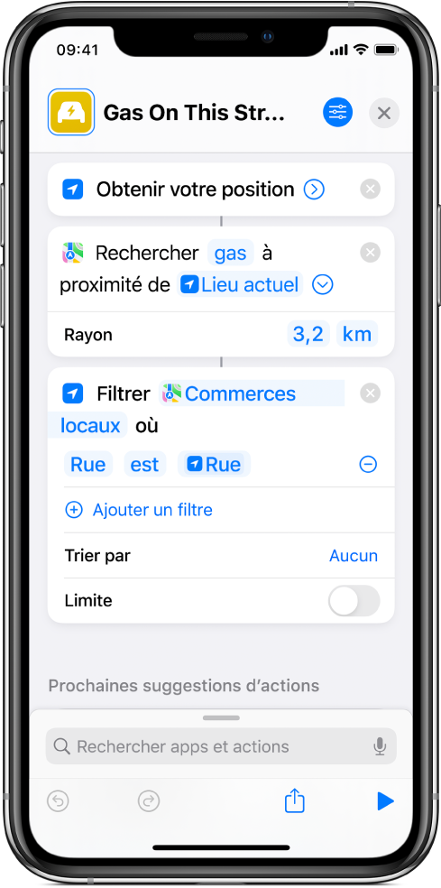 Action « Filtrer des lieux où » dans l’éditeur de raccourci.