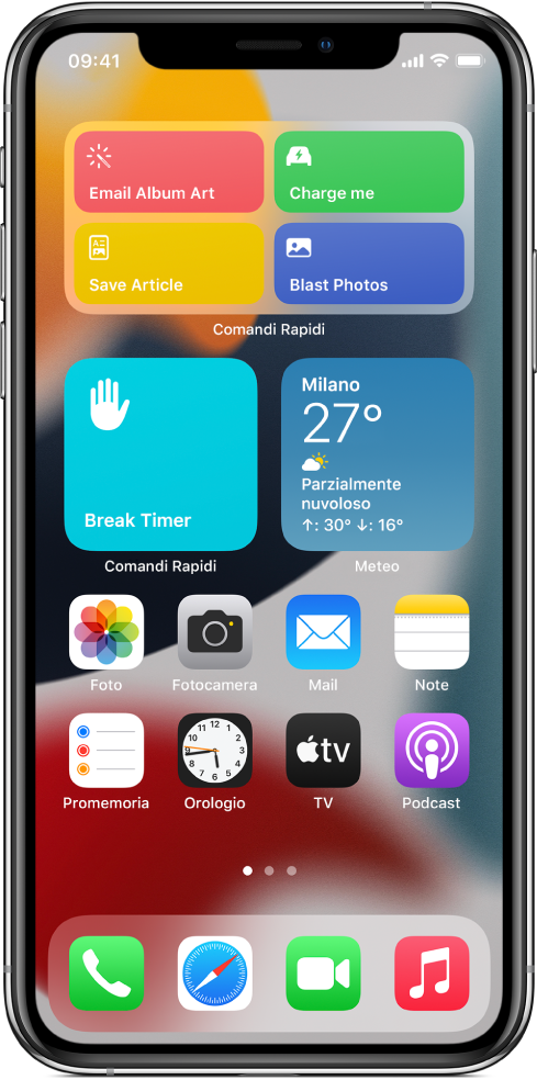 Widget Comandi Rapidi nella schermata Home.