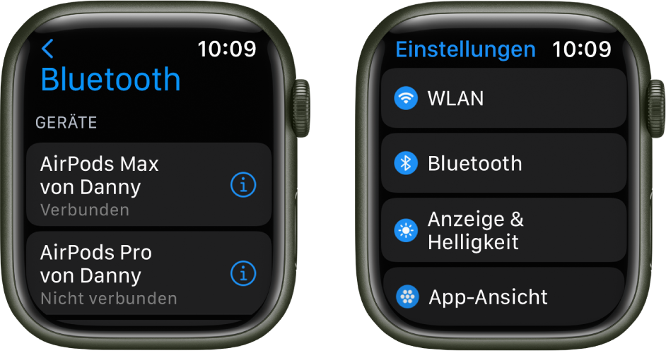 Zwei Displays nebeneinander. Links sind zwei verfügbare Bluetooth-Geräte zu sehen: AirPods Max, die verbunden sind, und AirPods Pro, die nicht verbunden sind. Rechts sind die Einstellungen zu sehen mit einer Liste, die die Tasten „WLAN“, „Bluetooth“, „Anzeige & Helligkeit“ und „App-Ansicht“ enthält.