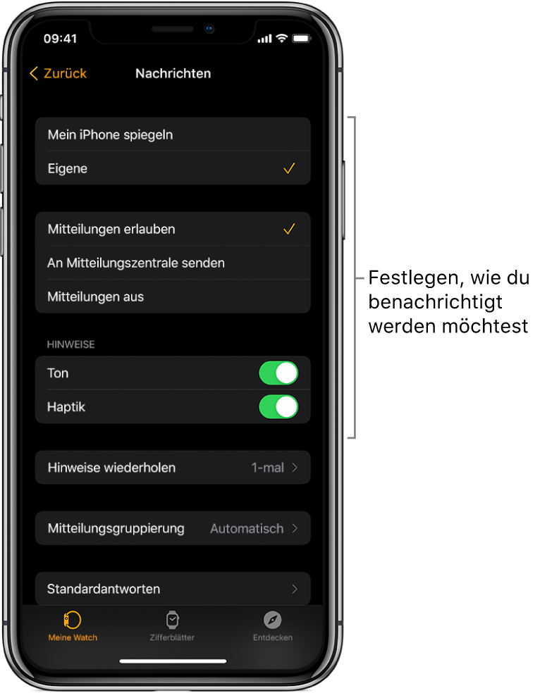 Einstellungen für „Nachrichten“ in der Apple Watch-App auf dem iPhone. Du kannst auswählen, ob Hinweise angezeigt werden sollen sowie den Ton oder die Haptik aktivieren und Hinweise wiederholen lassen.