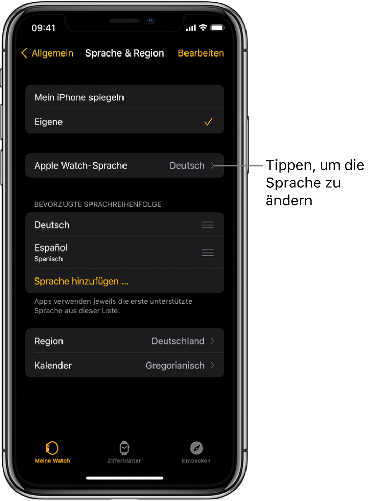 Die Anzeige „Sprache & Region“ in der Apple Watch-App mit der Einstellung „Apple Watch-Sprache“ oben.