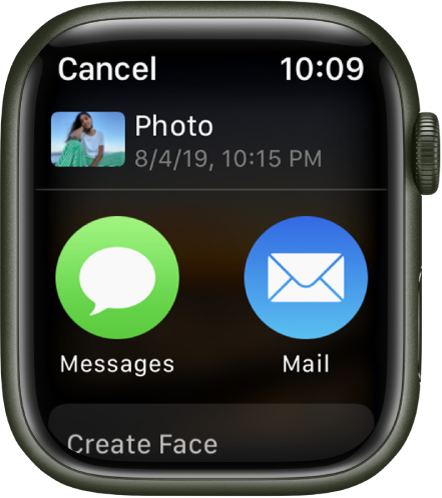 The share screen in the Photos app on Apple Watch. A photo is at the top of the screen. Below are Messages and Mail buttons.