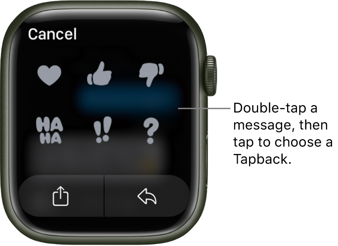 A Messages conversation with Tapback options: heart, thumbs up, thumbs down, Ha Ha, !!, and ?. A Reply button is below.