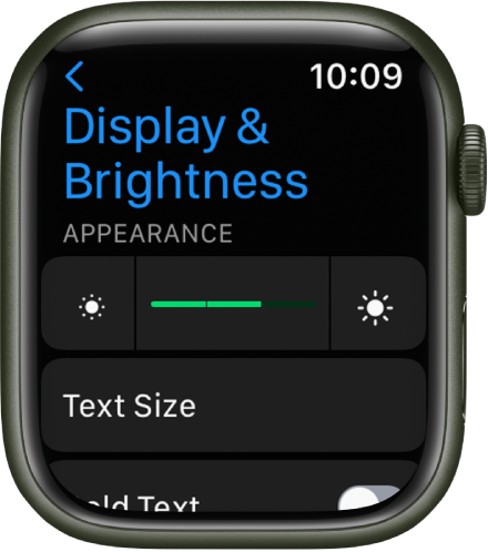Display & Brightness settings on Apple Watch, with the Brightness slider at the top, and the Text Size button below.