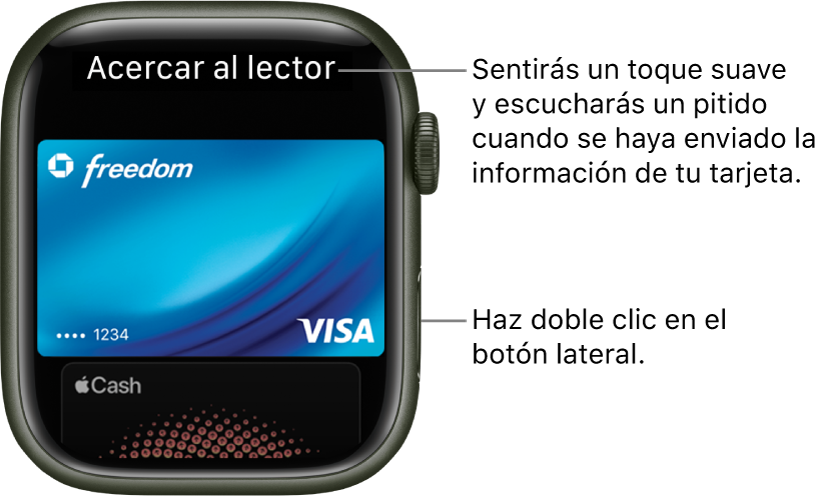 Pantalla de Apple Pay con el texto “Acercar al lector” en la parte superior; sentirás una pequeña vibración y escuchas un pitido cuando se envíe la información de tu tarjeta.