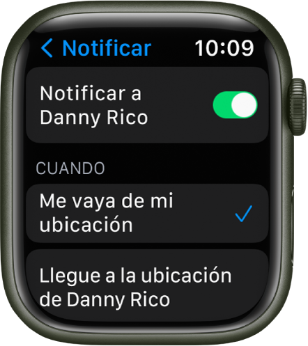 La pantalla de notificación de la app Buscar Personas. “Cuando me vaya de mi ubicación” aparece seleccionado.