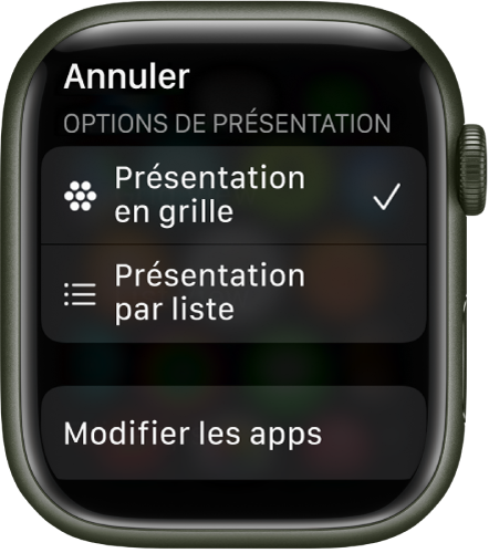 L’écran « Options de présentation » affichant les boutons « Présentation en grille » et « Présentation par liste ». Le bouton « Modifier les apps » figure en bas de l’écran.