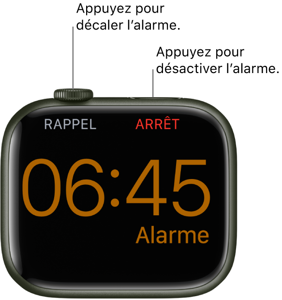 Apple Watch placée sur sa tranche, l’écran affichant un réveil arrêté. Le mot « Rappel » est affiché sous la Digital Crown. Le mot « Arrêter » est situé sous le bouton latéral.