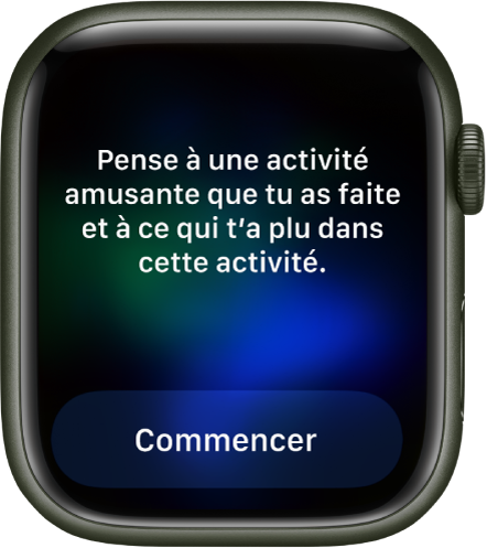 L’app « Pleine conscience » affiche une piste de réflexion : « Pense à une activité que tu as faite et à ce qui t’a plus dans cette activité ». Un bouton Commencer se trouve en dessous.