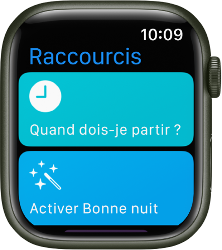 L’app Raccourcis sur l’Apple Watch affichant deux raccourcis : « À quelle heure partir » et « Définir Bonne nuit ».