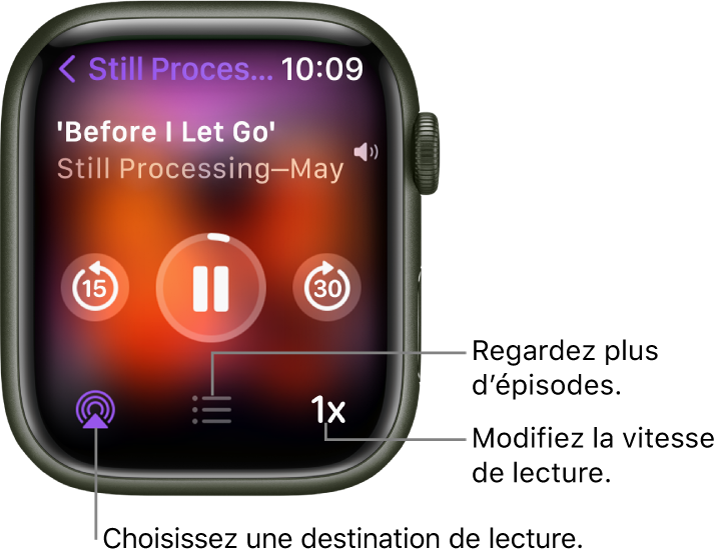 Un écran « À l’écoute de Podcasts » affichant le titre d’une émission, le titre d’un podcast, la date, un bouton pour revenir 15 secondes en arrière, un bouton pause, un bouton pour avancer de 30 secondes, un bouton Airplay, un bouton Épisodes et un bouton de vitesse de lecture.