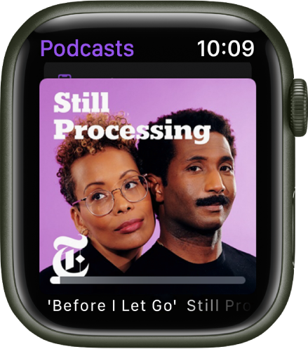 L’app Podcasts sur l’Apple Watch affiche l’illustration du podcast. Touchez l’illustration pour lire un épisode.