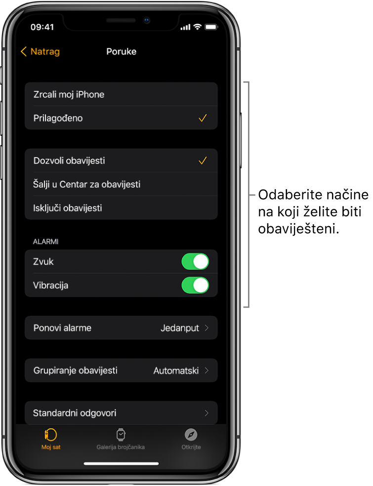 Zaslon Poruke u aplikaciji Apple Watch na iPhoneu. Možete odabrati da se prikažu upozorenja, uključiti zvuk, uključiti vibraciju i ponoviti alarme.