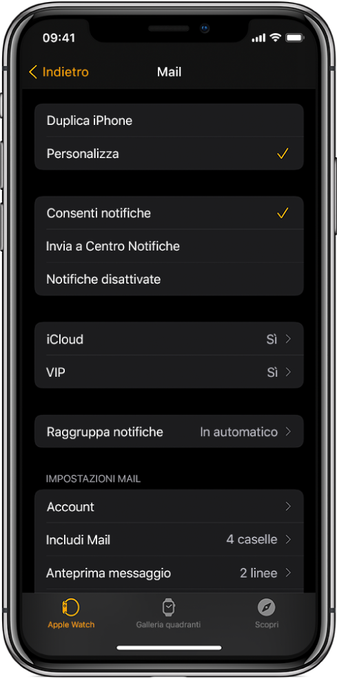 Le impostazioni di Mail nell’app Apple Watch che mostra le impostazioni per notifiche e account e-mail.