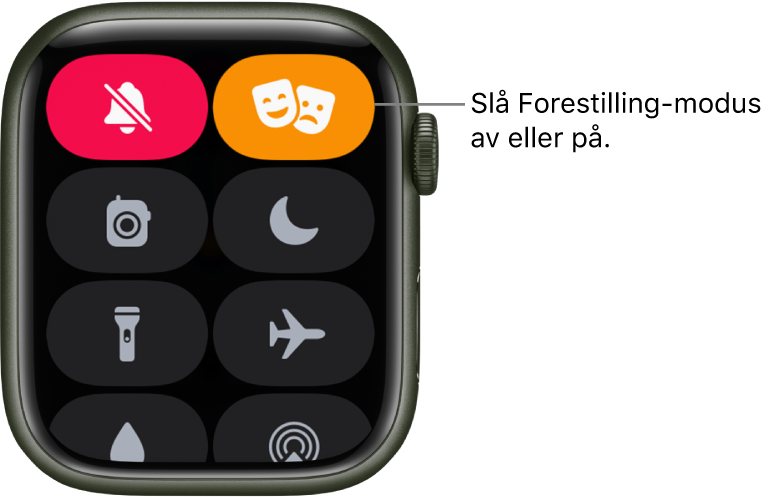 Kontrollsenter med Forestilling- og Lydløsmodus-knappen markert for å vise at Forestilling er på.