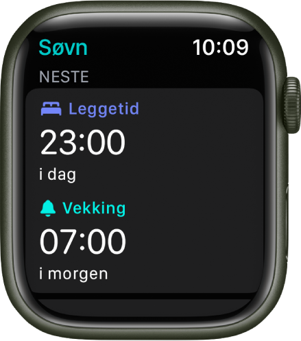 Søvn-appen på Apple Watch som viser kveldens søvnplan. Leggetid vises øverst, og Vekking-tiden vises nedenfor.