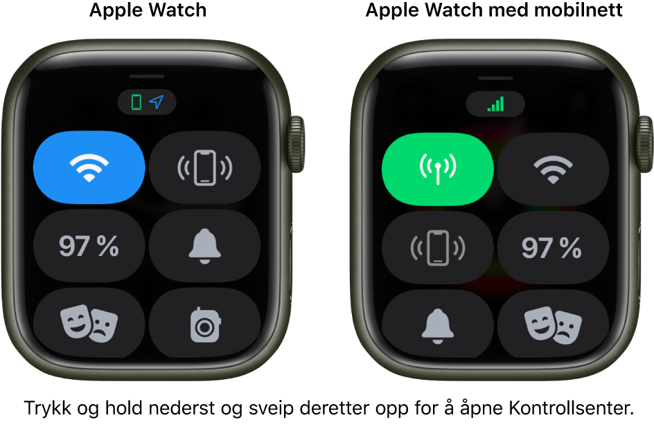 To bilder: Apple Watch uten mobilnett til venstre, som viser Kontrollsenter. Wi-Fi-knappen vises øverst til venstre, Ping iPhone-knappen vises øverst til høyre, Batteriprosent-knappen vises i midten til venstre, Lydløsmodus-knappen vises i midten til høyre, Forestilling vises nederst til venstre og Lommelykt-knappen vises nederst til høyre. Bildet til høyre viser Apple Watch med mobilfunksjonalitet. I Kontrollsenter vises Mobilnett-knappen øverst til venstre, Wi-Fi-knappen vises øverst til høyre, Ping iPhone-knappen vises i midten til venstre, Batteriprosent-knappen vises i midten til høyre, Lydløsmodus-knappen vises nederst til venstre og Forestilling-knappen vises nederst til høyre.