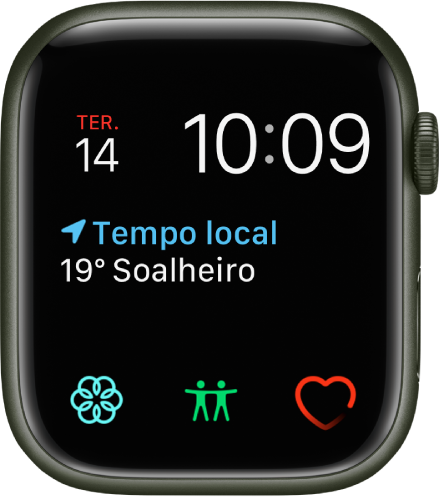 O mostrador Modular, onde se pode ajustar a cor do mostrador. Mostra as horas e a data na parte superior, a complicação Estado do tempo ao centro e três complicações de marcadores secundários ao longo da parte inferior: Atenção Plena, Encontrar Pessoas e Ritmo cardíaco.