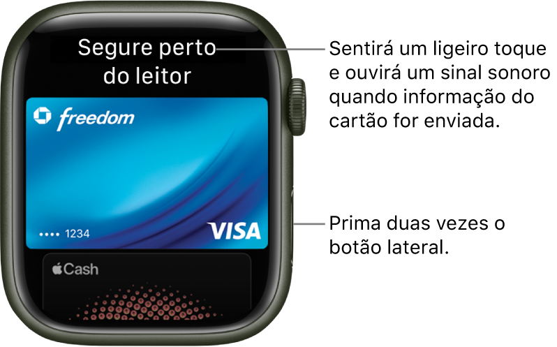 O ecrã do Apple Pay com “Segure perto do leitor” na parte superior; sentirá um toque suave e ouvirá um sinal sonoro quando a informação do cartão é enviada.