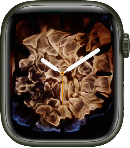 O mostrador “Água e fogo”, com um relógio analógico ao centro e fogo à volta.