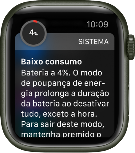 O aviso de bateria fraca inclui um botão no qual pode tocar para entrar no modo de poupança de energia.