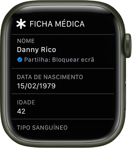 O ecrã “Ficha médica”, com o nome, a data de nascimento e a idade do utilizador.