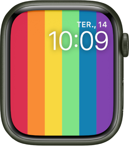 O mostrador Pride digital com faixas verticais de arco-íris com a data e a hora no canto superior direito.