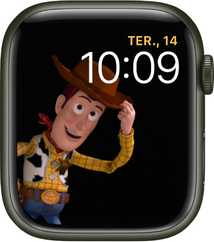 O mostrador “Toy Story” apresenta o dia, a data e a hora no canto superior direito e um Woody animado no lado esquerdo do ecrã.