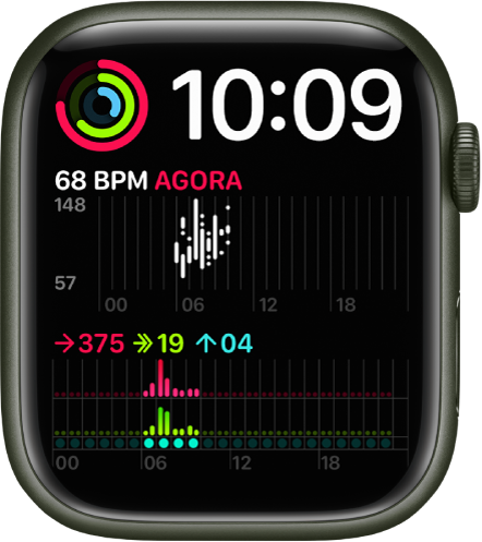 O mostrador Modular duplo com um relógio digital junto ao canto superior direito, uma complicação Atividade no canto superior esquerdo, uma complicação Ritmo cardíaco no meio, à esquerda e uma complicação Atividade na parte inferior.