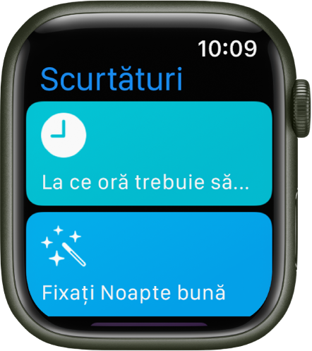 Aplicația Scurtături pe Apple Watch, afișând două scurtături: Când trebuie să plec și Configurați Noapte bună.