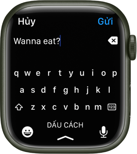Một màn hình nhập văn bản đang hiển thị bàn phím QWERTY. Một số văn bản xuất hiện ở trên cùng với nút Xóa ở bên phải. Các nút Biểu tượng, Dấu cách và Đọc chính tả nằm ở dưới cùng.