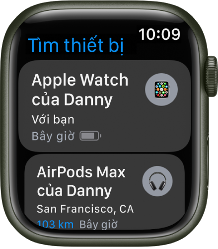 Ứng dụng Tìm thiết bị đang hiển thị hai thiết bị – một Apple Watch và AirPods.