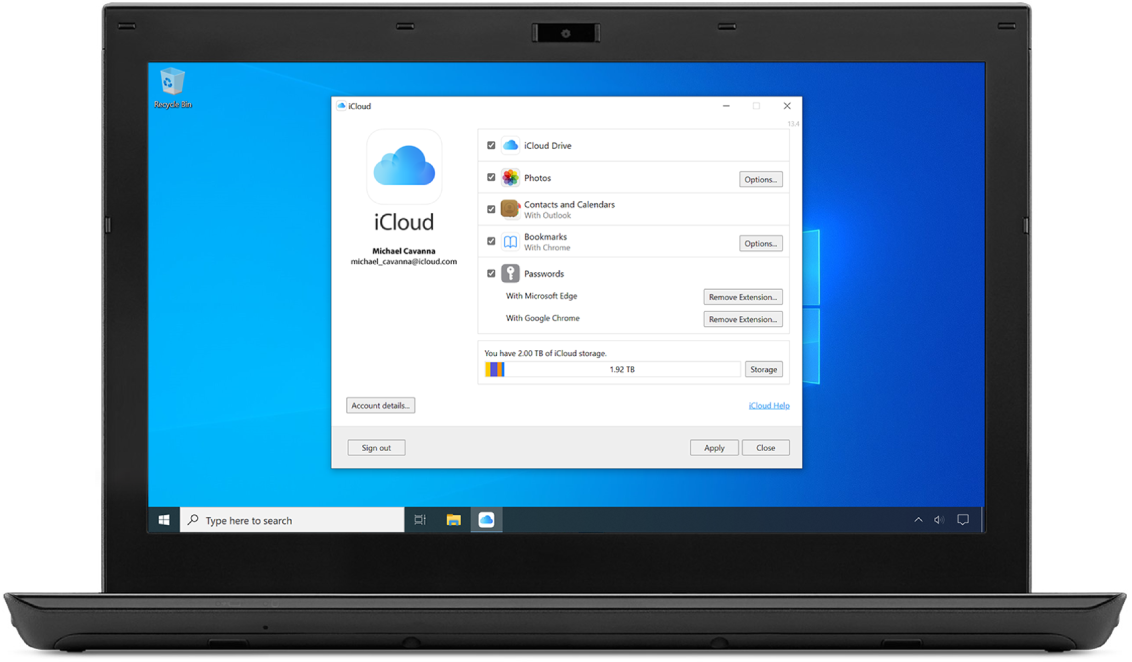 在 PC 上打開的 Windows 版 iCloud。