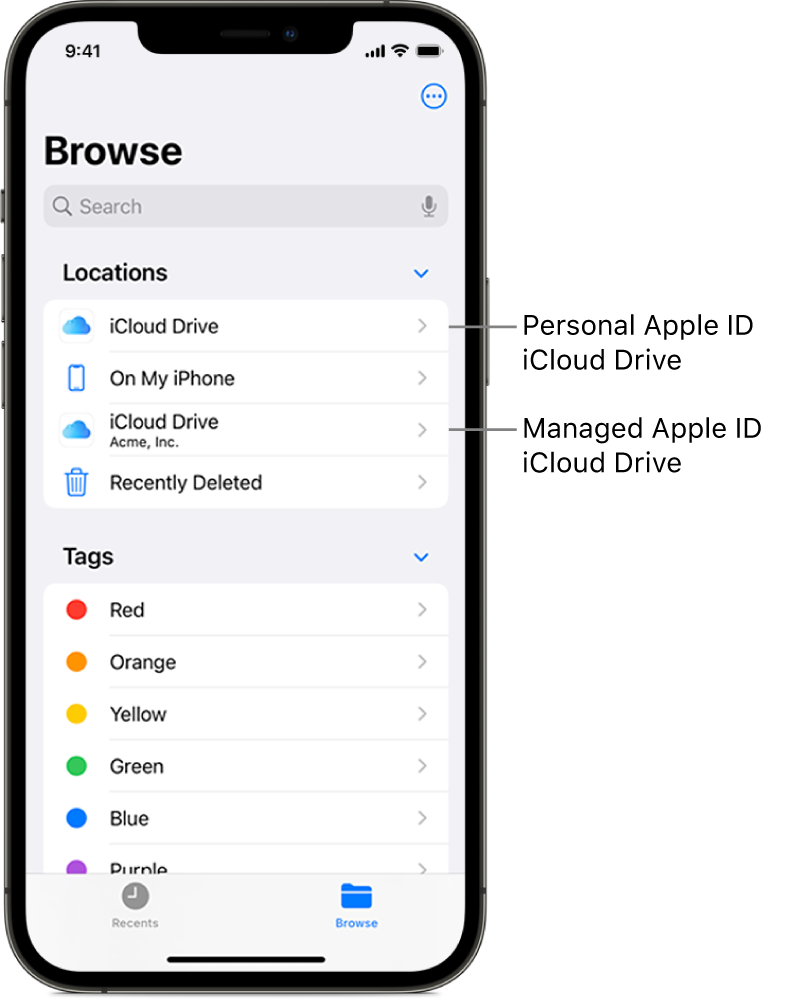 An iPhone screen showing the iCloud Drive for a user's personal Apple ID and their Managed Apple ID.
