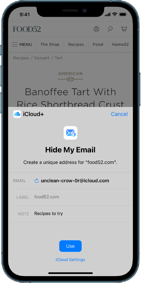 Экран функции «Скрыть e-mail» в браузере Safari на iPhone.