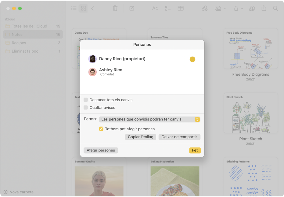 Notes a la visualització en galeria després de seleccionar que vols gestionar una nota compartida. Apareix una llista de les persones que s’han afegit a la nota i les opcions disponibles.