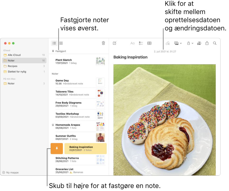 Vinduet Noter med notelisten i midten, fastgjorte noter øverst på notelisten og knappen Fastgør på en note. Indholdet af noten vises til højre med datoen øverst. Klik på datoen for at skifte mellem oprettelses- og redigeringsdatoen.