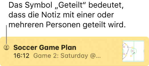 Eine Notiz, die mit anderen Personen geteilt wurde, mit dem Freigabe-Symbol links neben dem Namen der Notiz.