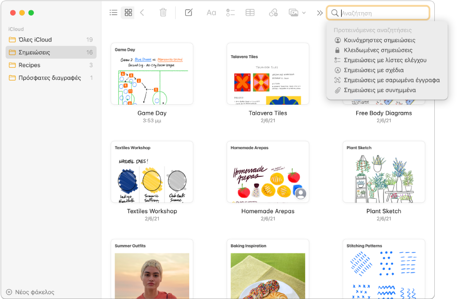 Σημειώσεις σε προβολή γκαλερί – εμφάνιση του περιεχομένου καθεμίας σε μικρογραφία. Οι προτεινόμενες αναζητήσεις εμφανίζονται στην πάνω δεξιά γωνία, όπως κλειδωμένες σημειώσεις και σημειώσεις με συνημμένα.