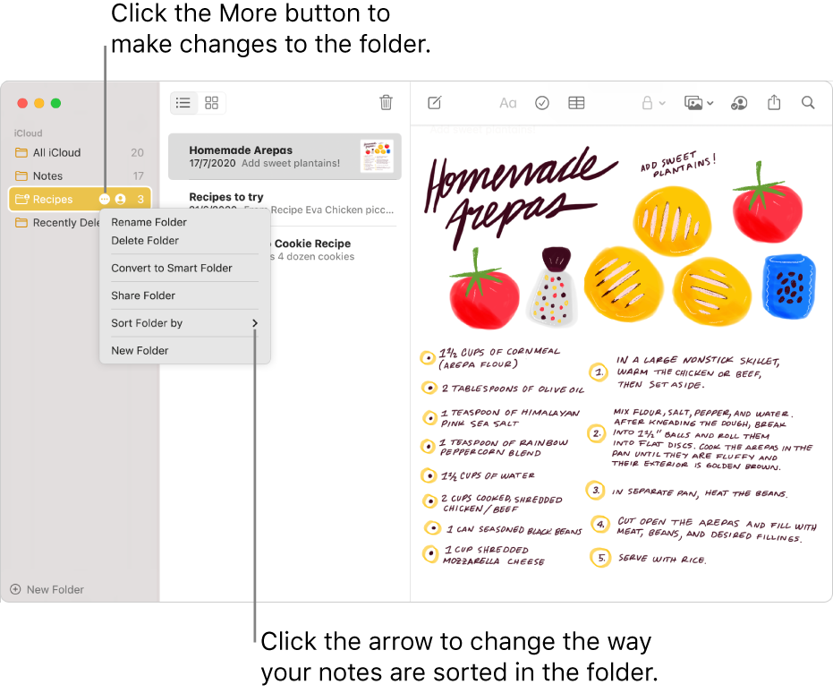 The Notes window with one folder in the sidebar showing the More button where you can make changes to a folder. Above the list of notes in the middle is the sort option, which changes the order of the notes—click the arrow to select a different sort order.