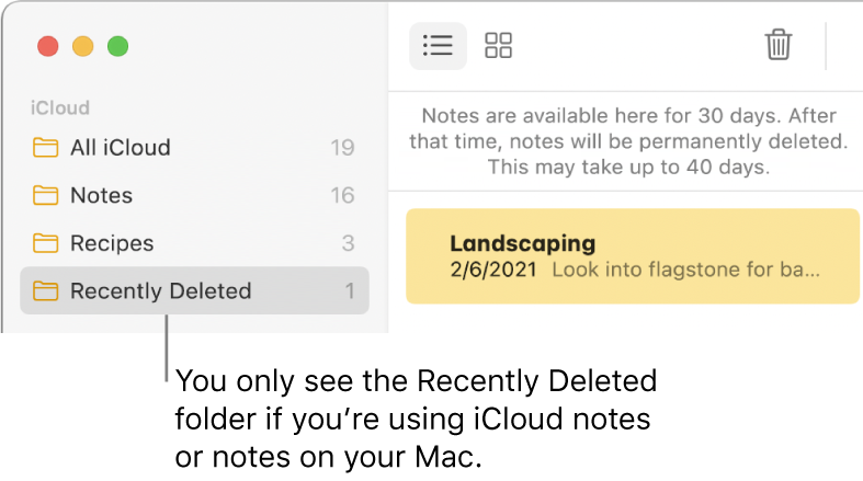 The Notes window with the Recently Deleted folder in the sidebar and a recently deleted note. You only see the Recently Deleted folder if you’re using iCloud notes or notes on your Mac.