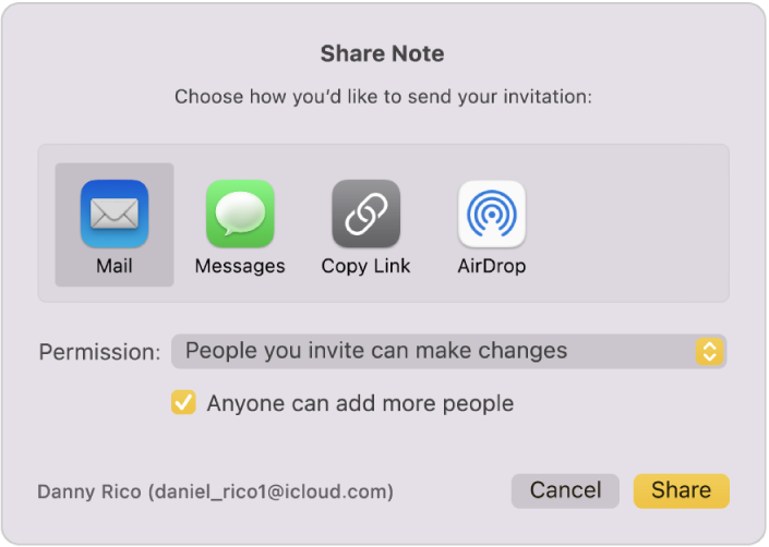 The Share Note dialogue, where you can choose how to send the invitation to share a note.