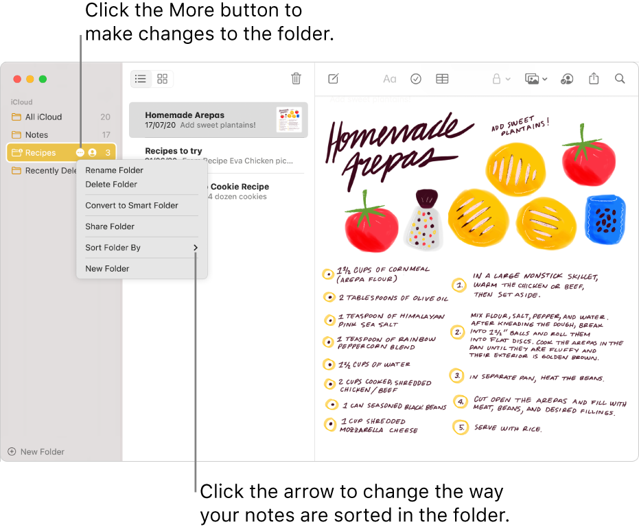 The Notes window with one folder in the sidebar showing the More button where you can make changes to a folder. Above the list of notes in the middle is the sort option, which changes the order of the notes — click the arrow to select a different sort order.