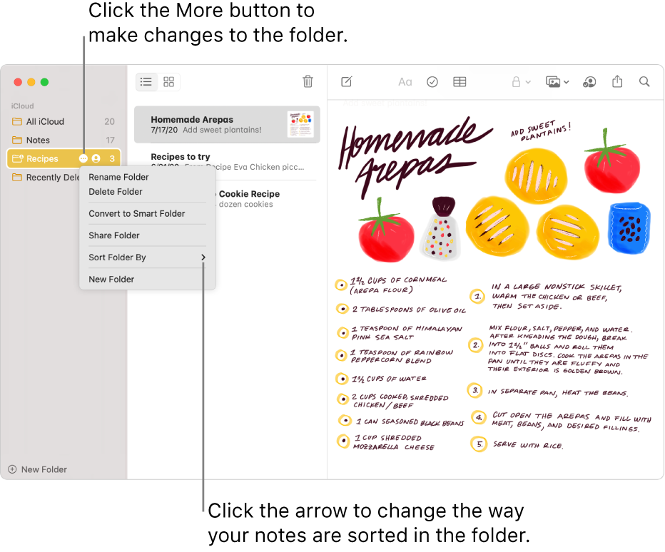 The Notes window with one folder in the sidebar showing the More button where you can make changes to a folder. Above the list of notes in the middle is the sort option, which changes the order of the notes—click the arrow to select a different sort order.