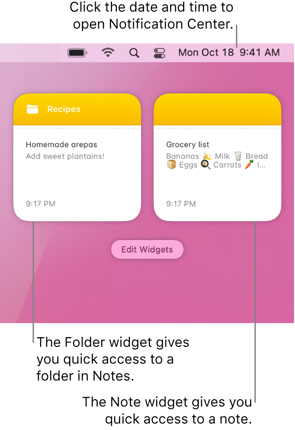 Two Notes widgets—the Folder widget shows a folder in Notes, and the Note widget shows a note. Click the date and time in the menu bar to open Notification Center.