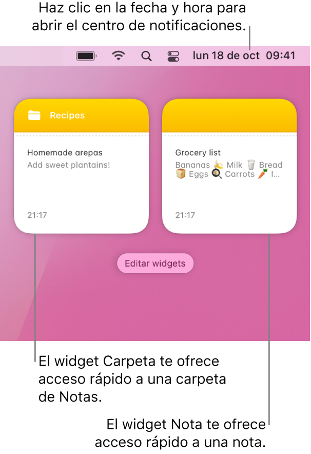 Dos widgets de Notas: el widget Carpeta muestra una carpeta en Notas y el widget Notas muestra una nota. Haz clic en la fecha y la hora en la barra de menús para abrir el Centro de notificaciones.