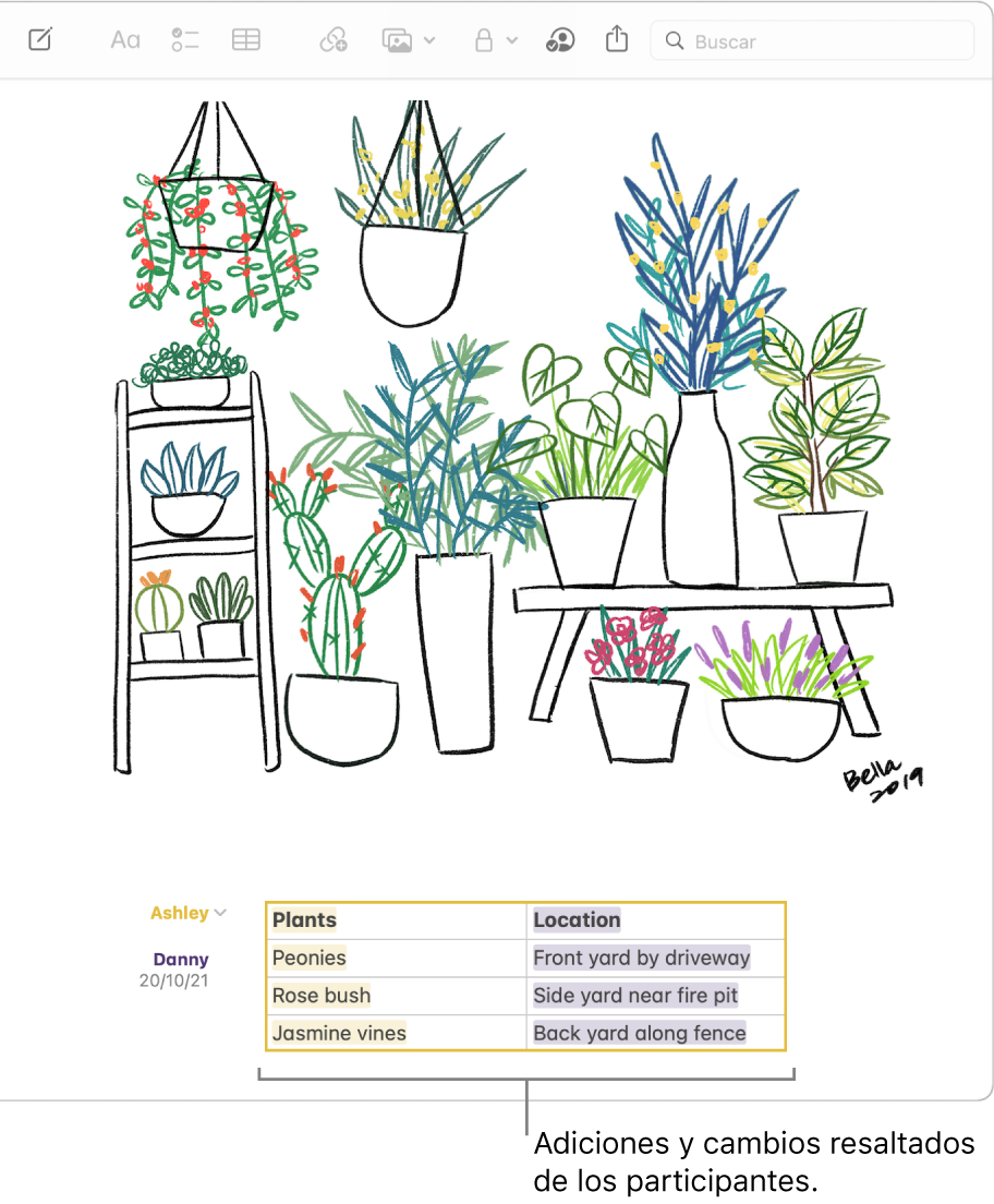 Una nota con una tabla que muestra una lista de plantas y sus ubicaciones en una casa. Los cambios de otro participante están resaltados.
